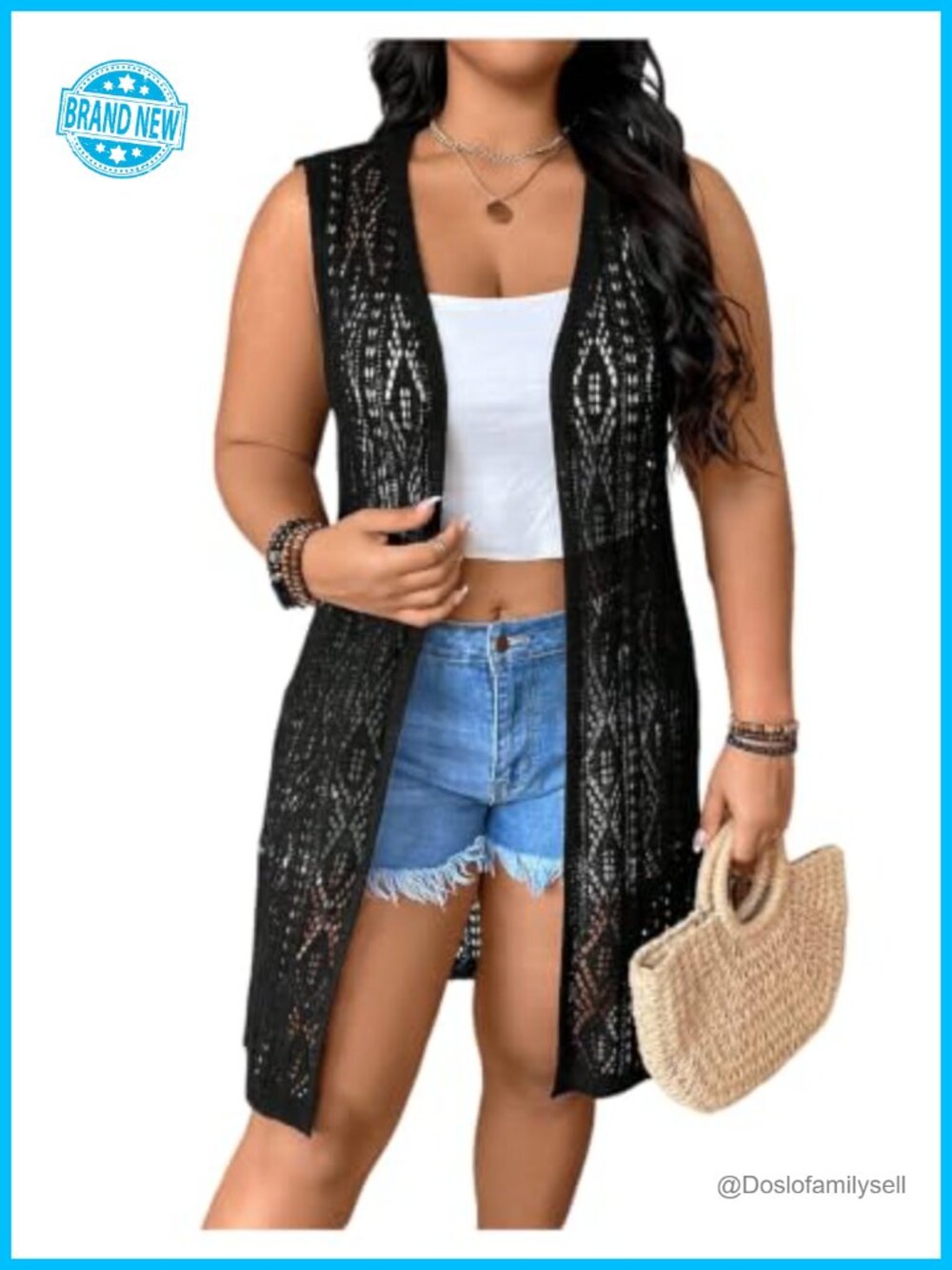 Plus Size Crochet Open Front Knit Long Cardigan Vest Sleeveless